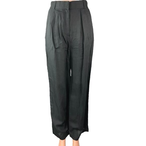 NEW H&M Women's Black Linen Pleated High Rise Wide Leg Trouser Pants Size 2 - Picture 1 of 5